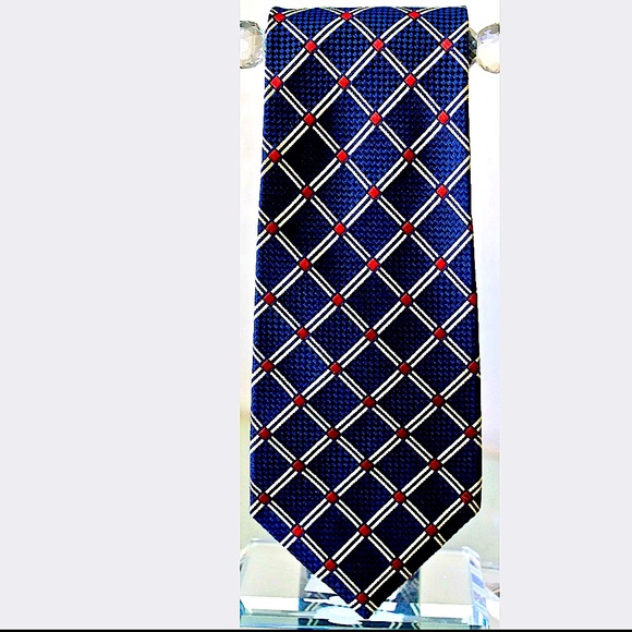 PAUL FREDRICK MENS TIE NAVY CREAM SILK VINTAGE - Picture 4 of 8